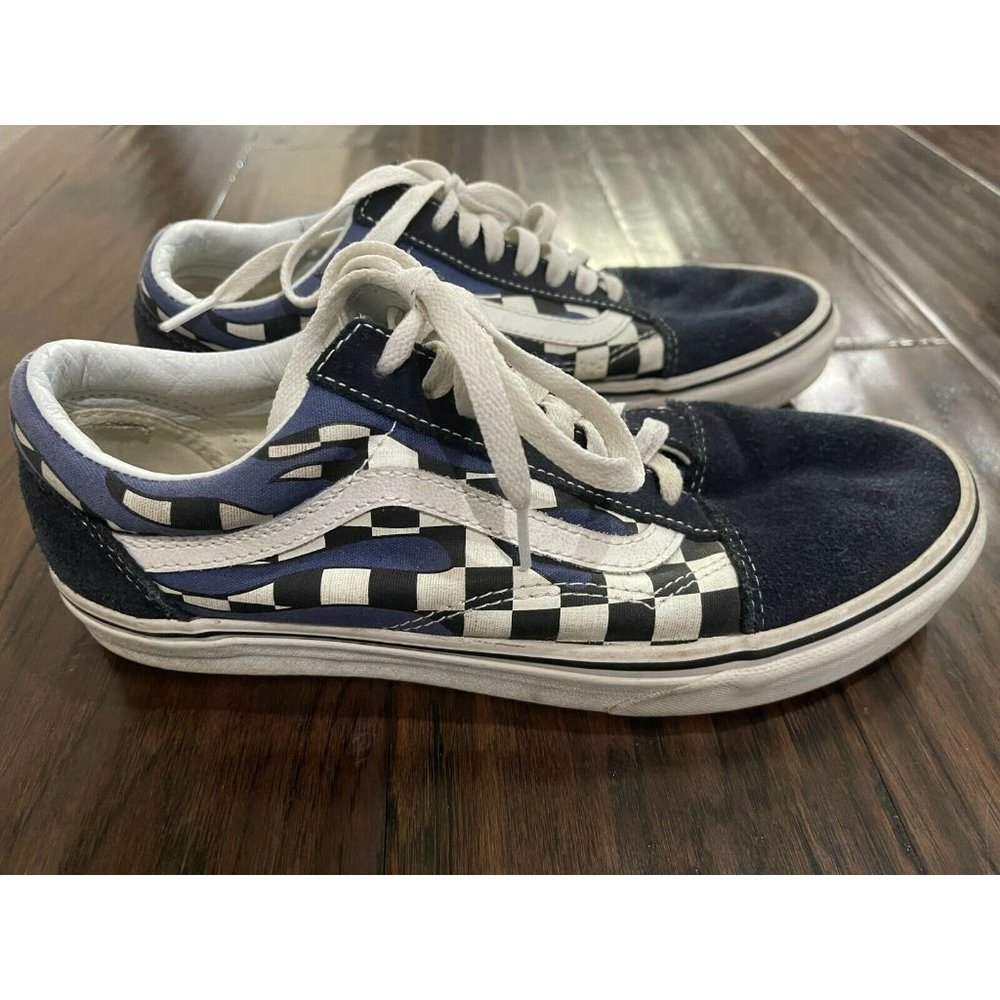 VANS Checker Flame Old Skool Classic Mens Canvas Suede Navy White Size 8 / W 9.5